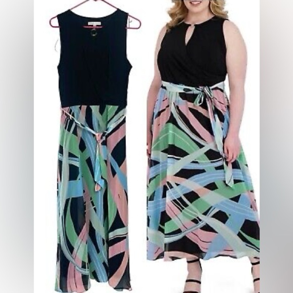 Sandra Darren Women Wrap Maxi Dreas Bow Tie Sleeveless Floral 12 Black Flare
